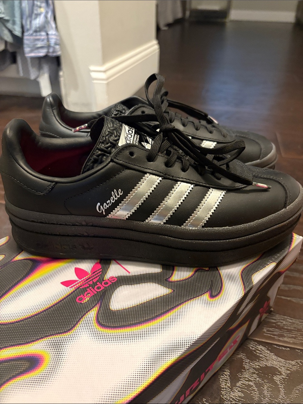 adidas Gazelle Platform Sneakers - Black with Silver Stripes
